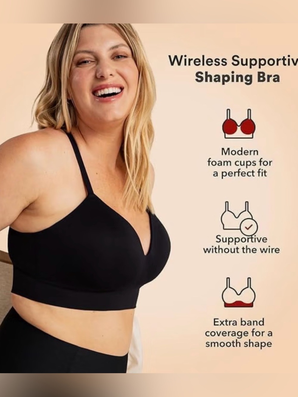 Truekind Supportive Comfort Wireless Shaping Bra 2XL Black Smooth Shaping NWT